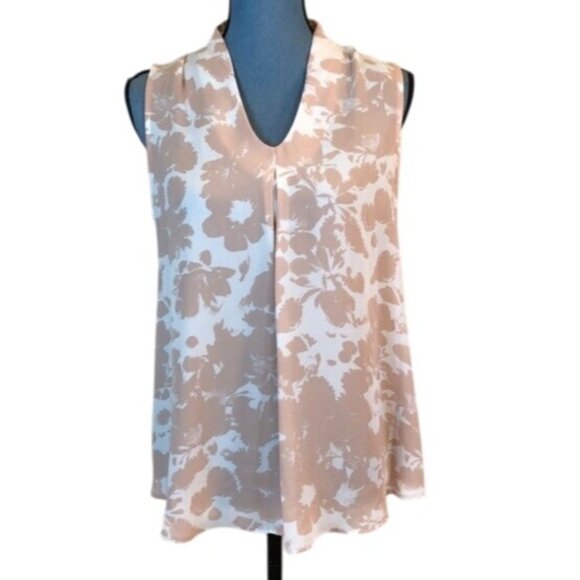 Worthington Sleeveless Floral Blouse Beige & White Small - Picture 1 of 6